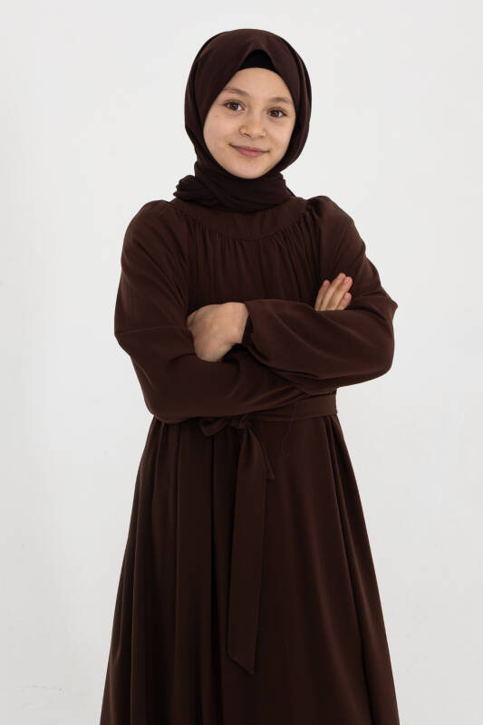 Reglan Kol Büzgülü Çocuk Elbise- kahverengi - 2
