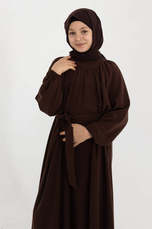Reglan Kol Büzgülü Çocuk Elbise- kahverengi - 4