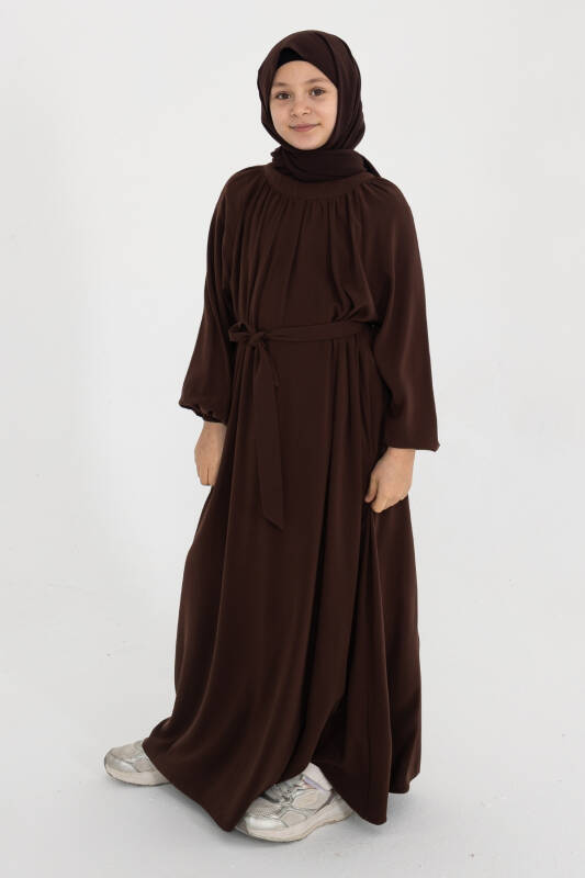 Reglan Kol Büzgülü Çocuk Elbise- kahverengi - 5