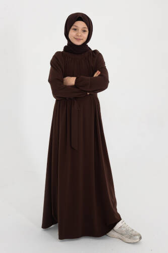 Reglan Kol Büzgülü Çocuk Elbise- kahverengi - 7