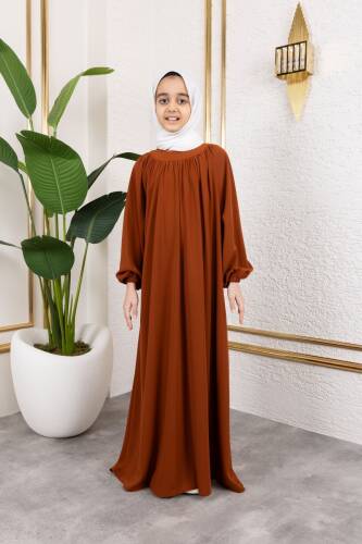 Reglan Kol Büzgülü Çocuk Elbise-Kiremit - 4004 - Kadeem Giyim