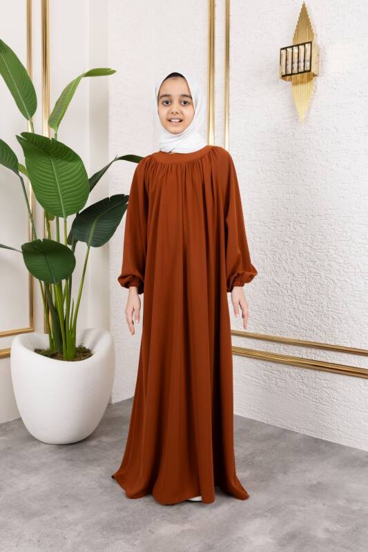 Reglan Kol Büzgülü Çocuk Elbise-Kiremit - 4004 - 1