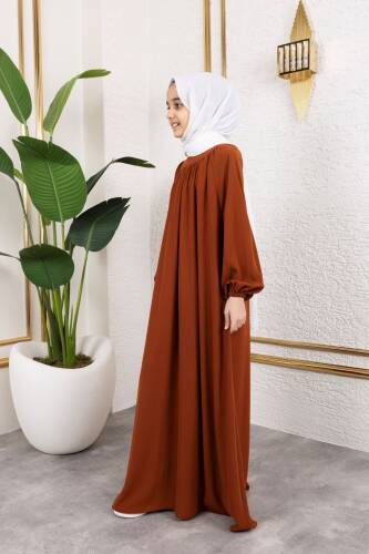Reglan Kol Büzgülü Çocuk Elbise-Kiremit - 4004 - Kadeem Giyim (1)