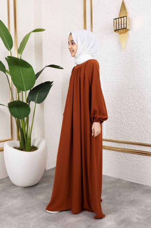 Reglan Kol Büzgülü Çocuk Elbise-Kiremit - 4004 - 2