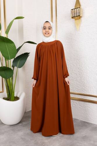 Reglan Kol Büzgülü Çocuk Elbise-Kiremit - 4004 - 9