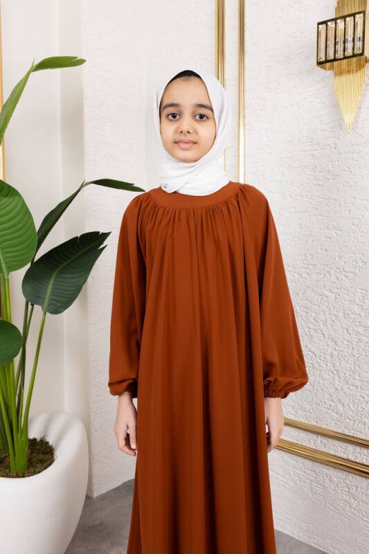 Reglan Kol Büzgülü Çocuk Elbise-Kiremit - 4004 - 4