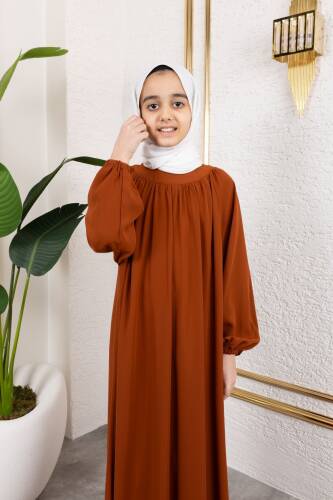 Reglan Kol Büzgülü Çocuk Elbise-Kiremit - 4004 - 5