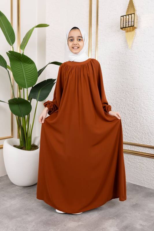 Reglan Kol Büzgülü Çocuk Elbise-Kiremit - 4004 - 6