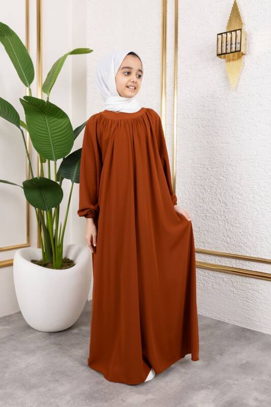 Reglan Kol Büzgülü Çocuk Elbise-Kiremit - 4004 - 8