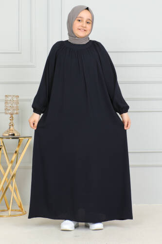 Reglan Kol Büzgülü Çocuk Elbise Lacivert - 4004 - Kadeem Giyim