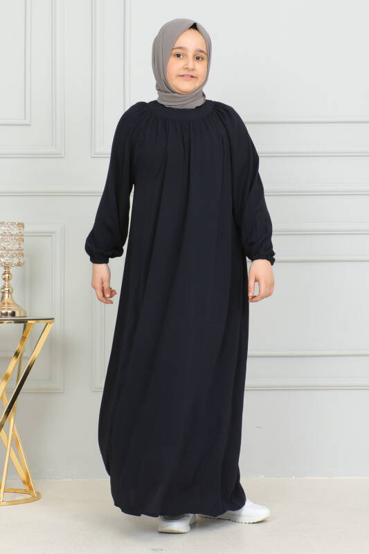 Reglan Kol Büzgülü Çocuk Elbise Lacivert - 4004 - 4