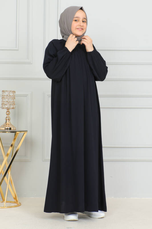 Reglan Kol Büzgülü Çocuk Elbise Lacivert - 4004 - 6