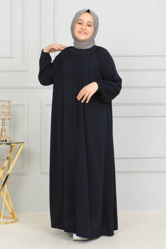 Reglan Kol Büzgülü Çocuk Elbise Lacivert - 4004 - 7
