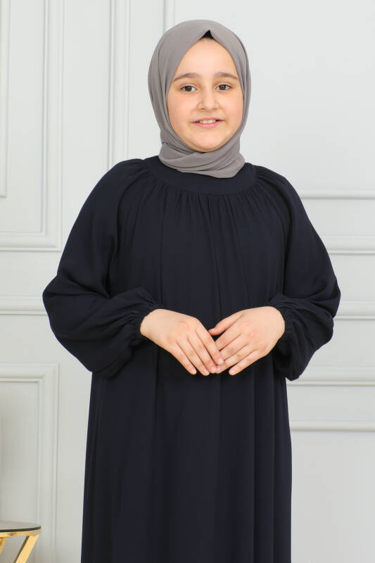 Reglan Kol Büzgülü Çocuk Elbise Lacivert - 4004 - 8
