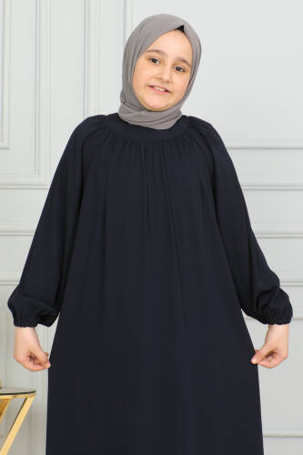 Reglan Kol Büzgülü Çocuk Elbise Lacivert - 4004 - 9