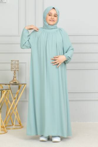 Reglan Kol Büzgülü Çocuk Elbise- mint yeşili - Kadeem Giyim