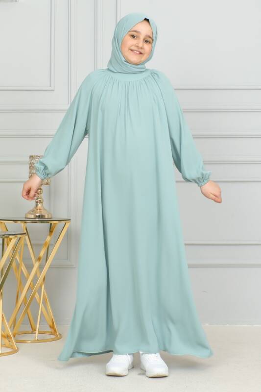 Reglan Kol Büzgülü Çocuk Elbise- mint yeşili - 2