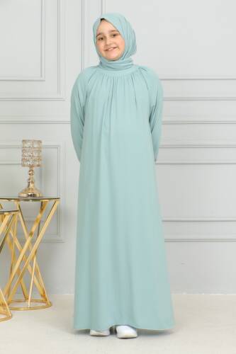 Reglan Kol Büzgülü Çocuk Elbise- mint yeşili - 3