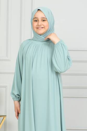 Reglan Kol Büzgülü Çocuk Elbise- mint yeşili - 4