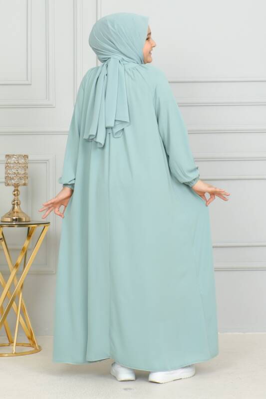 Reglan Kol Büzgülü Çocuk Elbise- mint yeşili - 5