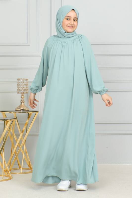 Reglan Kol Büzgülü Çocuk Elbise- mint yeşili - 6