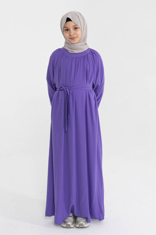 Reglan Kol Büzgülü Çocuk Elbise- mor - 1