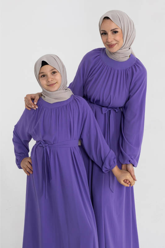 Reglan Kol Büzgülü Çocuk Elbise- mor - 2