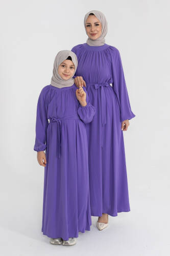 Reglan Kol Büzgülü Çocuk Elbise- mor - 3