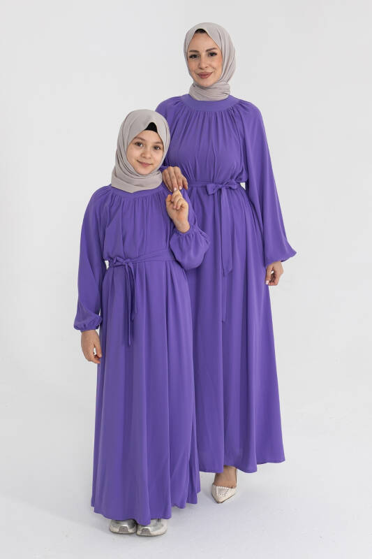 Reglan Kol Büzgülü Çocuk Elbise- mor - 3
