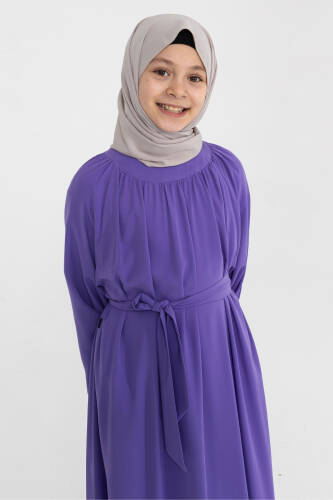 Reglan Kol Büzgülü Çocuk Elbise- mor - 5
