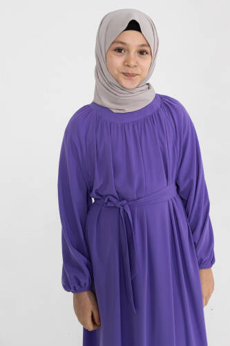 Reglan Kol Büzgülü Çocuk Elbise- mor - 6
