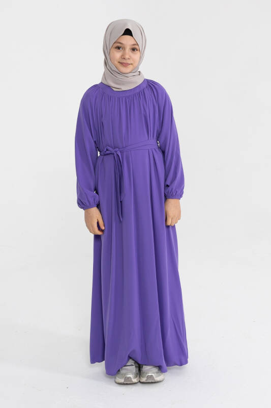 Reglan Kol Büzgülü Çocuk Elbise- mor - 7