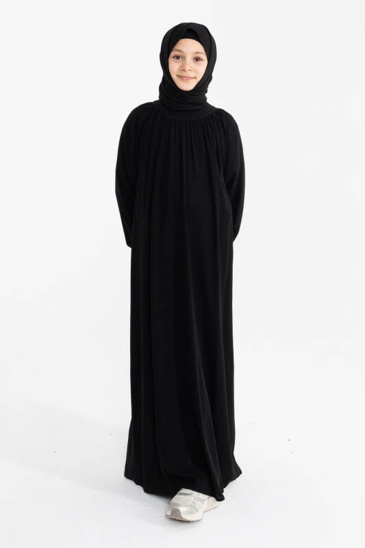 Reglan Kol Büzgülü Çocuk Elbise- siyah - 1