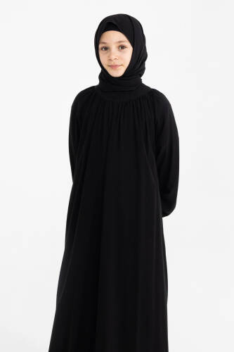 Reglan Kol Büzgülü Çocuk Elbise- siyah - Kadeem Giyim (1)