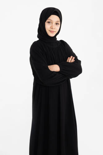 Reglan Kol Büzgülü Çocuk Elbise- siyah - 3