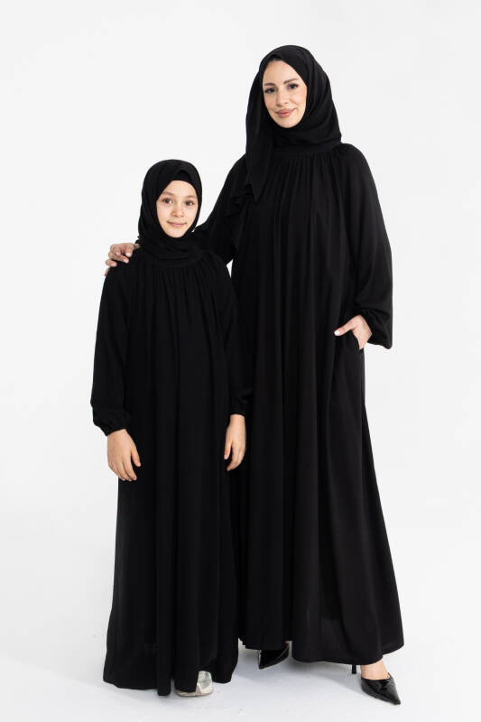 Reglan Kol Büzgülü Çocuk Elbise- siyah - 7