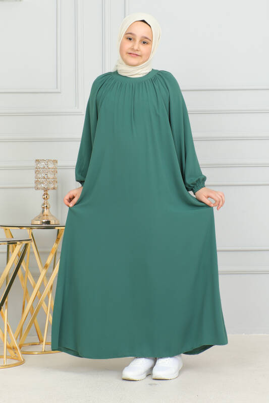 Reglan Kol Büzgülü Çocuk Elbise- yeşil - 1