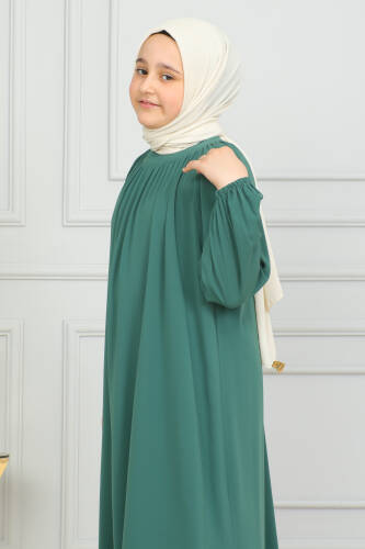 Reglan Kol Büzgülü Çocuk Elbise- yeşil - 3