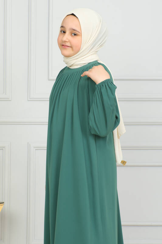 Reglan Kol Büzgülü Çocuk Elbise- yeşil - 3