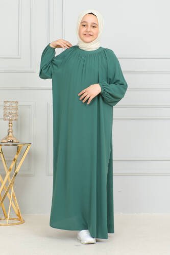 Reglan Kol Büzgülü Çocuk Elbise- yeşil - 5