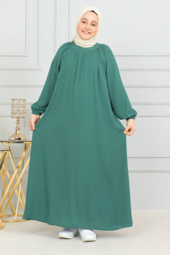 Reglan Kol Büzgülü Çocuk Elbise- yeşil - 6