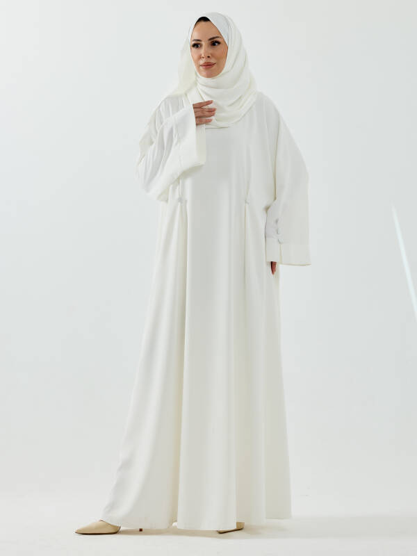 Serra Şal Hediyeli Düğme Detaylı Dubai Abaya Takım Beyaz - 1015 - 1