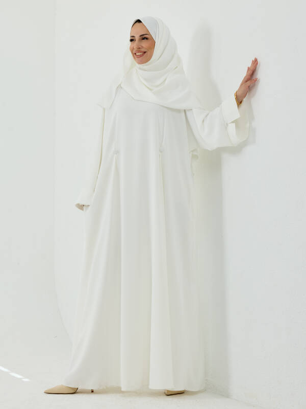 Serra Şal Hediyeli Düğme Detaylı Dubai Abaya Takım Beyaz - 1015 - 3