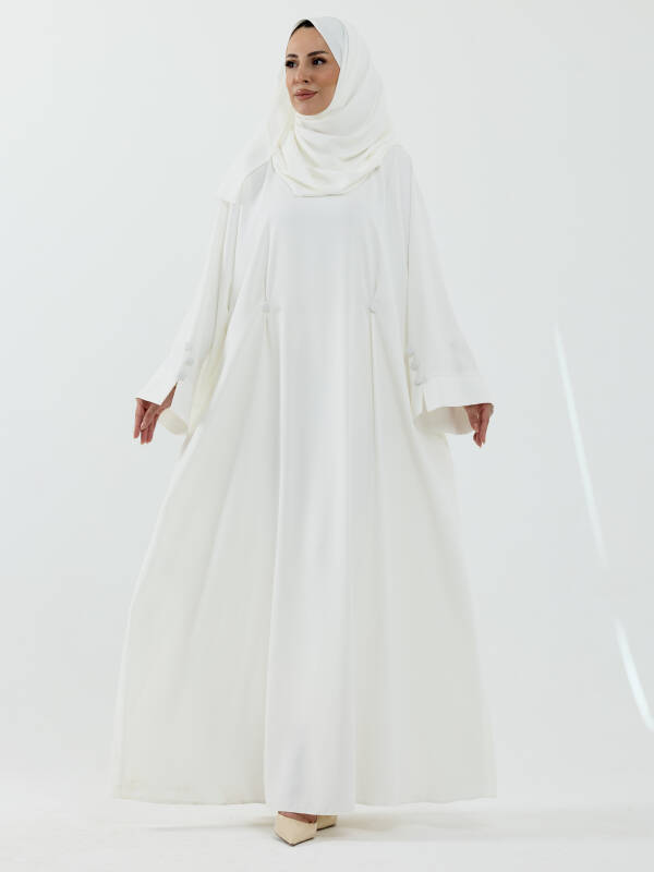 Serra Şal Hediyeli Düğme Detaylı Dubai Abaya Takım Beyaz - 1015 - 4