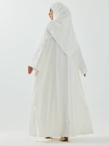 Serra Şal Hediyeli Düğme Detaylı Dubai Abaya Takım Beyaz - 1015 - 5