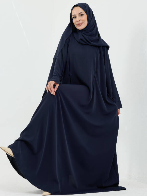 Serra Şal Hediyeli Düğme Detaylı Dubai Abaya Takım Lacivert - 1015 - 1