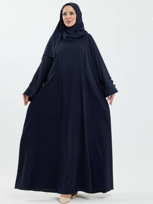 Serra Şal Hediyeli Düğme Detaylı Dubai Abaya Takım Lacivert - 1015 - 3