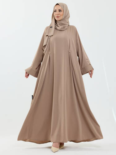 Serra Şal Hediyeli Düğme Detaylı Dubai Abaya Takım Bej - 1015 - Kadeem Giyim (1)