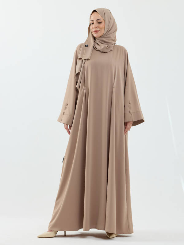 Serra Şal Hediyeli Düğme Detaylı Dubai Abaya Takım Bej - 1015 - 3