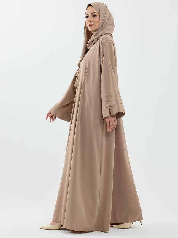 Serra Şal Hediyeli Düğme Detaylı Dubai Abaya Takım Bej - 1015 - 4